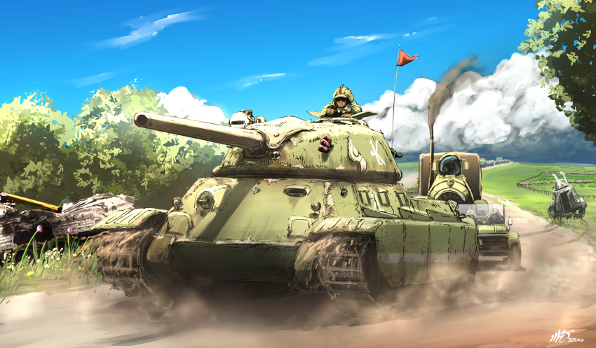 1boy absurdres aoi_waffle caterpillar_tracks commentary dust_cloud highres military military_vehicle motor_vehicle road rusty_front scenery smoke tank truck turret wreckage