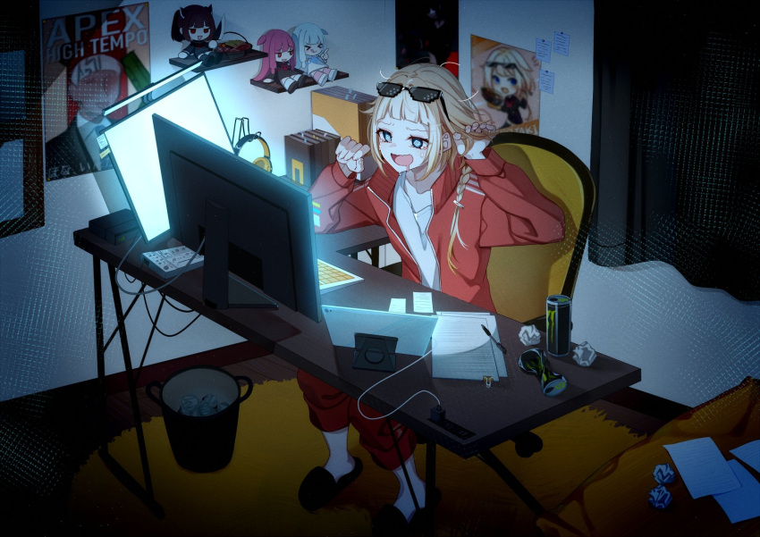 1girl @_@ apex_legends at_computer blonde_hair blue_eyes blunt_bangs braid braided_ponytail cevio character_doll commentary_request commission crossover crushed_can curtains dark_room deal_with_it_(meme) drooling eyewear_on_head furrowed_brow hair_over_shoulder hands_up highres indoors jacket knife kotonoha_akane kotonoha_aoi lifeline_(apex_legends) long_sleeves meme messy_hair monster_energy mouth_drool one_(cevio) open_clothes open_jacket pants paper poster_(object) pulling_own_hair red_jacket red_pants shelf shirt slippers solo sunglasses touhoku_kiritan track_jacket track_suit trash_can voiceroid white_shirt working yodare_(3yami8)