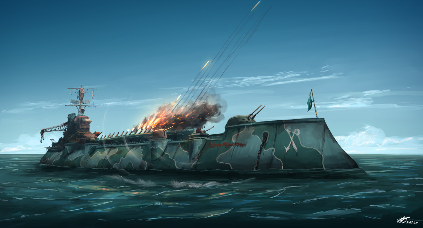 absurdres anchor aoi_waffle battleship blue_sky check_commentary commentary commentary_request commission dieselpunk firing flag highres military military_vehicle no_humans rusty_front ship skeb_commission sky smoke turret warship water watercraft