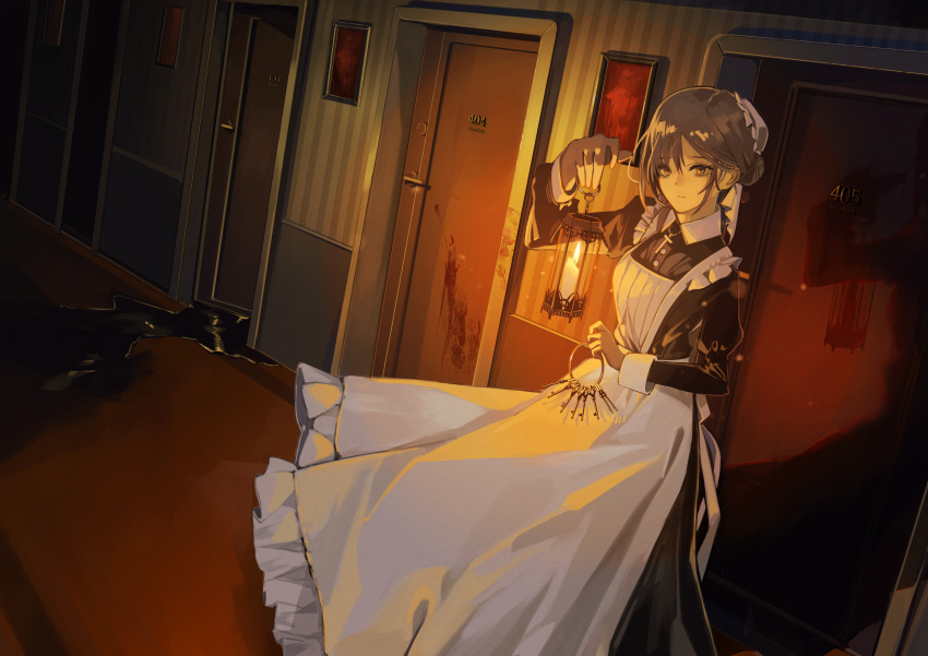 1girl absurdres apron black_dress blood brown_eyes brown_hair candle cross cross_necklace door dress expressionless frilled_apron frills hair_bun highres holding holding_candle horror_(theme) hotel jewelry keyring maid maid_apron maid_headdress necklace original painting_(object) puffy_sleeves solo standing striped_wall teizen_(rkm8656) white_apron