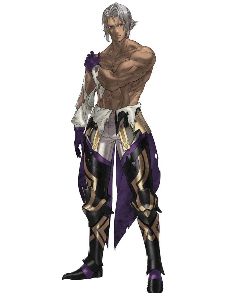 1boy abs armor armored_boots book boots cape dark-skinned_male dark_skin feathers fire_emblem fire_emblem_heroes full_body gloves highres kozaki_yuusuke male_focus muscular muscular_male mysterious_man_(fire_emblem) no_mask non-web_source official_art solo topless_male torn_clothes transparent_background white_hair