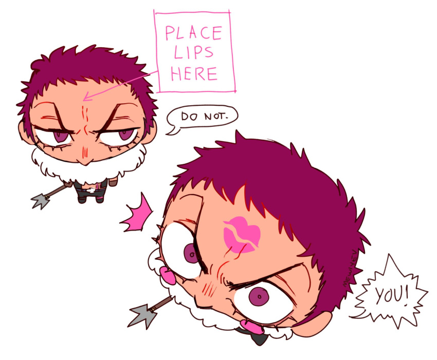 1boy angry arm_tattoo charlotte_katakuri chibi english_text foreshortening from_above frown highres lipstick_mark looking_at_viewer male_focus meme mewiyev one_piece place_lips_here_(meme) scarf scarf_over_mouth short_hair stitches tattoo