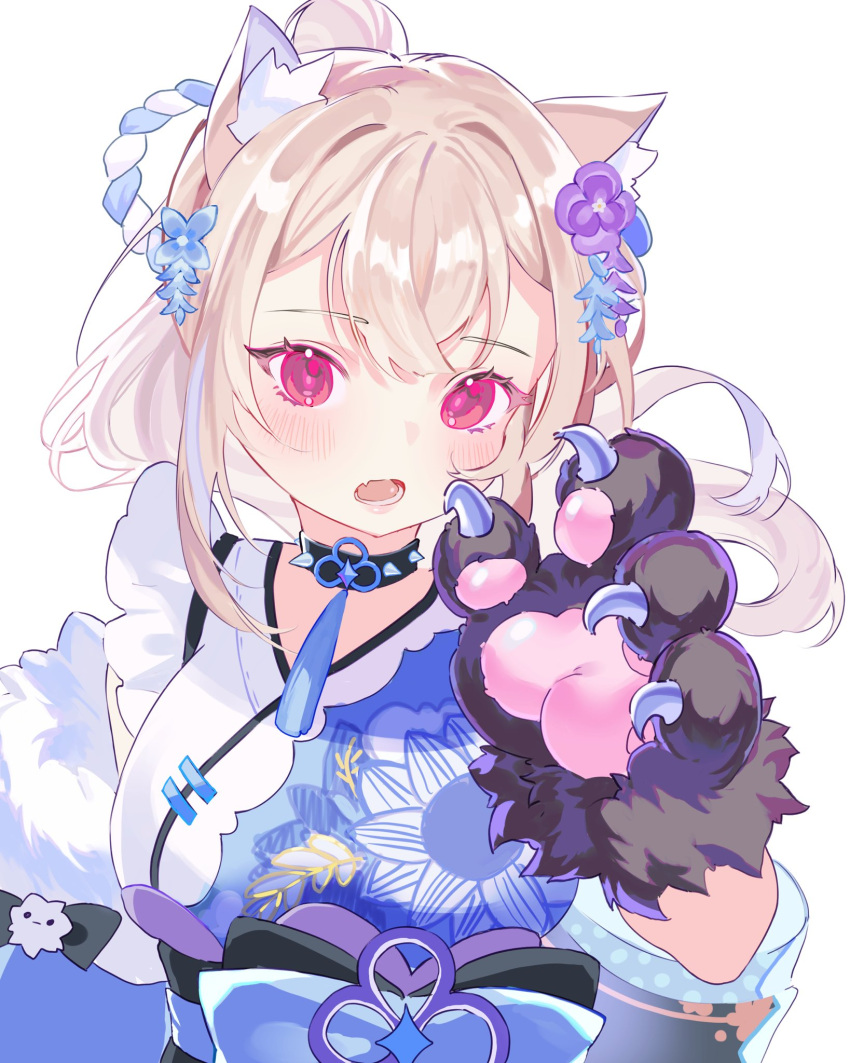 1girl animal_ear_fluff animal_ears animal_hands black_collar blonde_hair blue_hair blue_kimono collar dog_ears dog_girl dog_paws fang floral_print_kimono flower fuwawa_abyssgard fuwawa_abyssgard_(new_year) hair_flower hair_ornament highres hololive hololive_english japanese_clothes kimono long_hair looking_at_viewer moehime official_alternate_costume open_mouth pink_eyes ponytail skin_fang solo spiked_collar spikes virtual_youtuber white_background