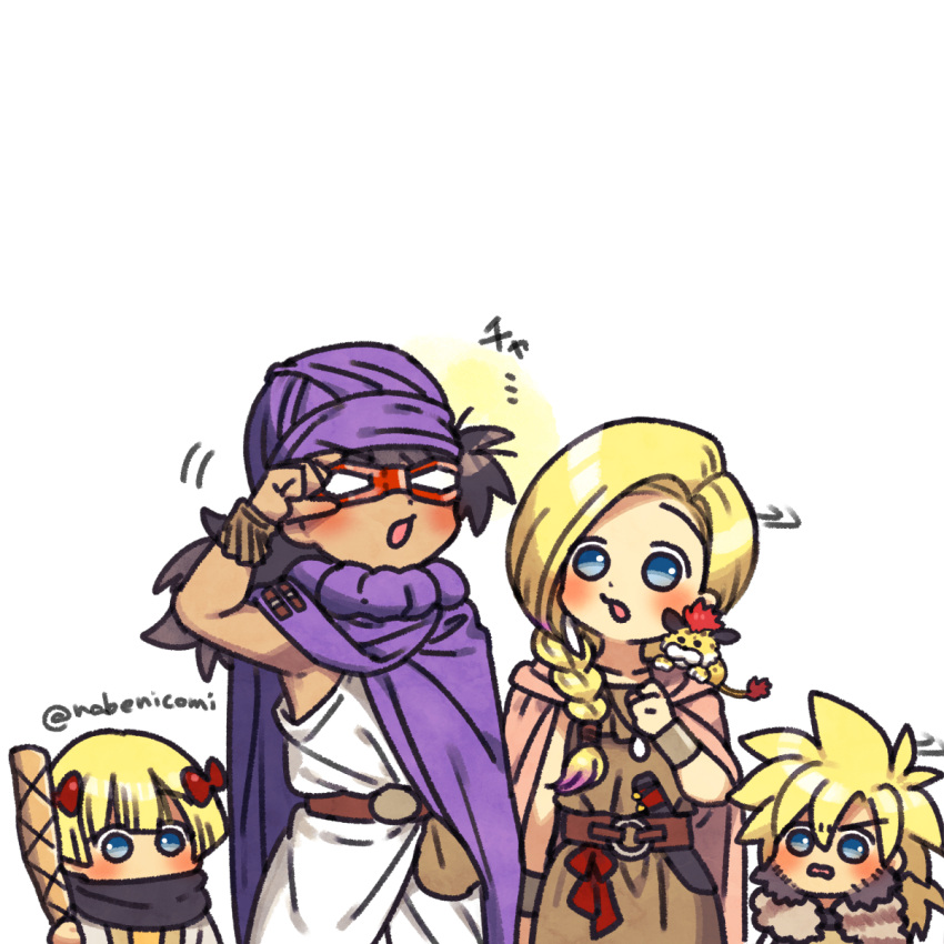 2boys 2girls adjusting_eyewear asymmetrical_sleeves belt belt_bag bianca_(dq5) black_hair blonde_hair blue_eyes blunt_bangs blush borongo bow bracelet braid brown_dress cape child cloak cosplay danjo_(yoshihiko) dark-skinned_male dark_skin dragon_quest dragon_quest_v dress facial_hair family father_and_daughter father_and_son hair_bow hand_up hero's_daughter_(dq5) hero's_son_(dq5) hero_(dq5) highres holding holding_staff husband_and_wife jewelry long_hair looking_at_another low_ponytail merebu merebu_(cosplay) mother_and_daughter mother_and_son multiple_boys multiple_girls murasaki_(yoshihiko) murasaki_(yoshihiko)_(cosplay) nabenko necklace open_mouth parody purple_cape purple_cloak purple_headwear red_bow scarf short_hair siblings single_braid spiky_hair staff standing turban twins twitter_username white_background white_tunic yoshihiko yoshihiko_(cosplay) yuusha_yoshihiko_to_maou_no_shiro