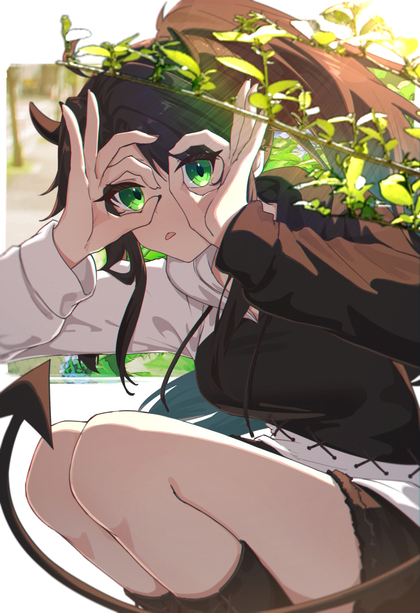 1girl absurdres black_hair black_hoodie character_request commentary commission copyright_request demon_girl demon_horns demon_tail feet_out_of_frame green_eyes hands_up highres hood hood_down hoodie horns jl_tan long_hair long_sleeves looking_at_viewer pixiv_commission ponytail solo squatting tail tongue tongue_out two-tone_hoodie white_hoodie