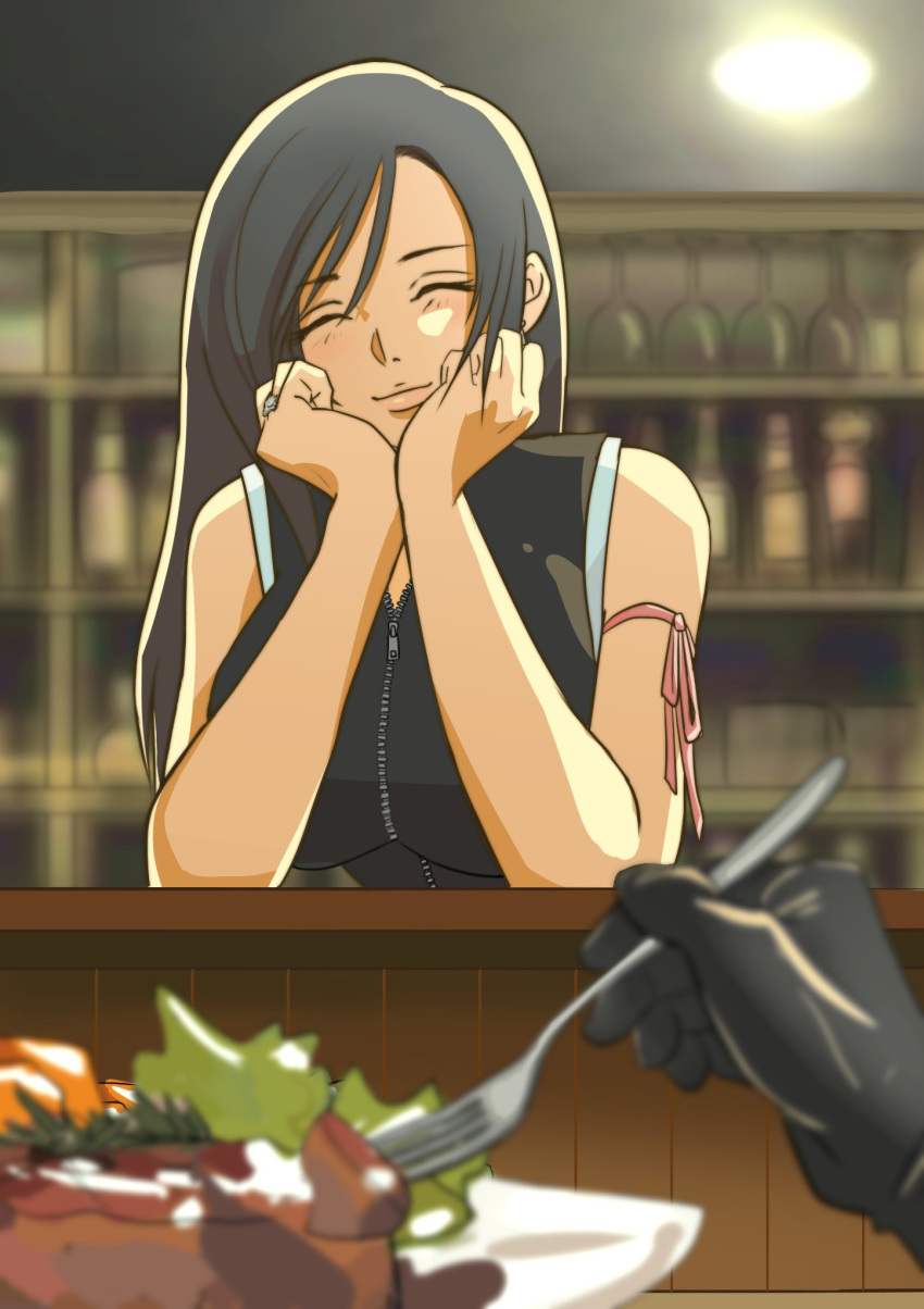 1boy 1girl arm_ribbon bar_(place) bare_shoulders black_gloves black_hair black_vest blurry blurry_background blurry_foreground bottle breasts closed_eyes closed_mouth cloud_strife commentary_request counter eating elbow_rest feet_out_of_frame final_fantasy final_fantasy_vii final_fantasy_vii_advent_children food fork gloves hands_on_own_face highres holding holding_fork indoors jewelry large_breasts light_blush long_hair mapcvt pov pov_hands red_ribbon ribbon ring smile swept_bangs tank_top tifa_lockhart vest white_tank_top zipper