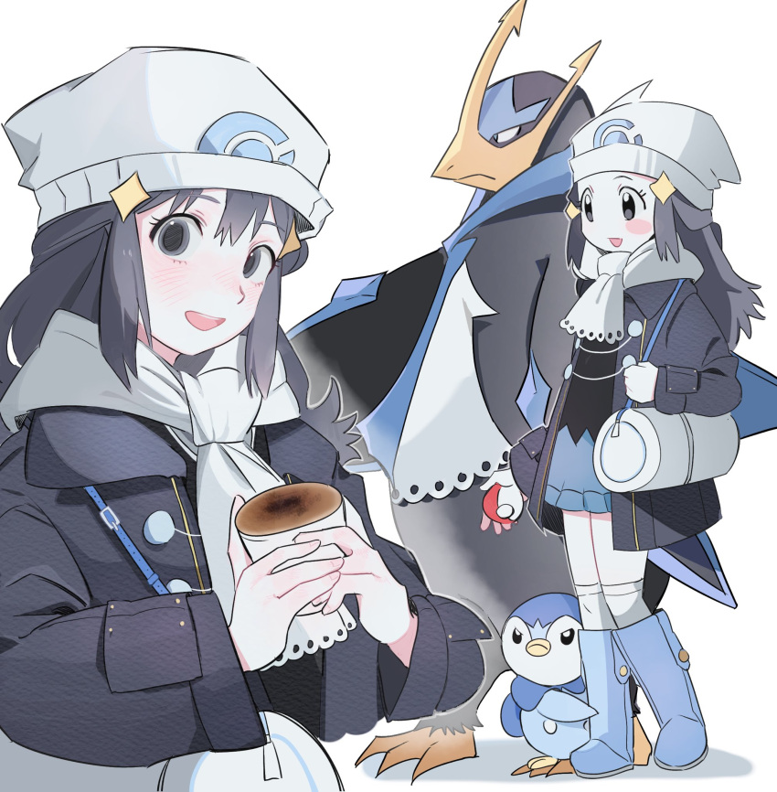 1girl alternate_color beanie bird black_hair black_jacket blue_skin blush colored_skin commentary commentary_request empoleon grey_eyes hat highres hikari_(pokemon) jacket long_hair looking_at_viewer memoji_7672 mixed-language_commentary multiple_views open_mouth penguin piplup pokemon pokemon_(creature) pokemon_dppt smile teeth upper_teeth_only v-shaped_eyebrows white_background white_headwear