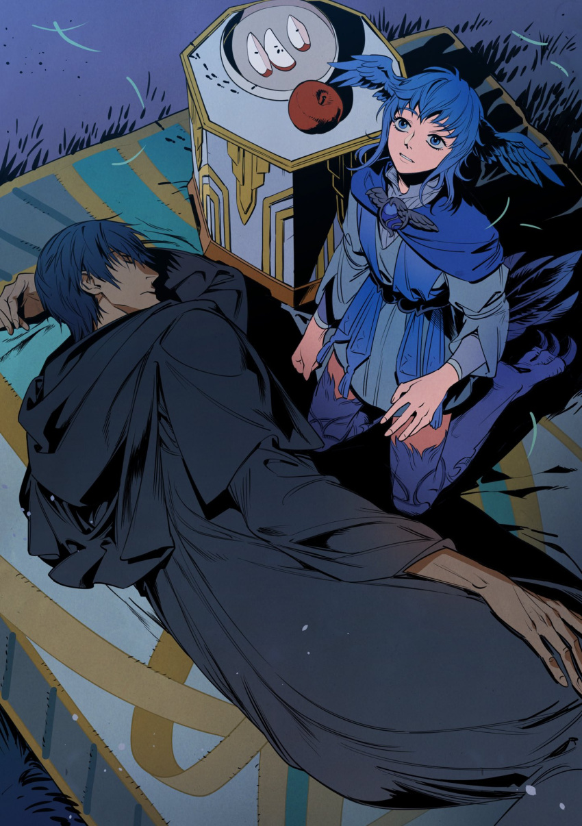 1boy 1girl 5altybitter5 apple apple_slice arm_behind_head bird_girl bird_legs bird_tail bird_wings black_capelet black_robe blanket blue_capelet blue_dress blue_eyes blue_hair brooch capelet closed_eyes collared_dress dress expressionless feathered_wings final_fantasy final_fantasy_xiv food from_above fruit full_body grass head_wings hermes_(ff14) high_contrast highres hood hood_down hooded_capelet jewelry kneeling korean_commentary long_sleeves looking_up lying meteion monster_girl night on_side outdoors robe short_hair sleeping tail wings