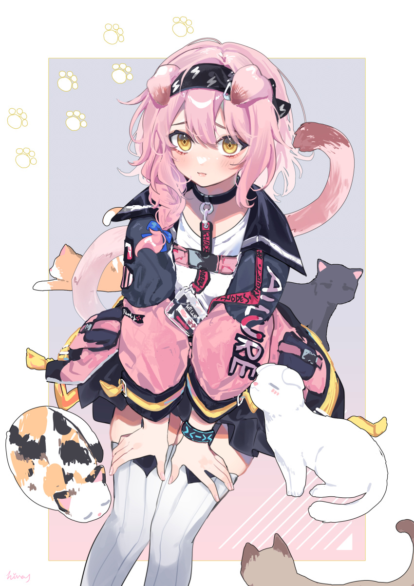 1girl absurdres animal_ears arknights black_bow black_bracelet black_cat black_collar black_hairband black_jacket blue_bow blush bow braid calico cat cat_ears cat_girl cat_tail clothes_writing collar diamond-shaped_pupils diamond_(shape) feet_out_of_frame goldenglow_(arknights) hair_between_eyes hair_bow hairband highres himey id_card infection_monitor_(arknights) invisible_chair jacket lanyard lightning_bolt_print long_hair long_sleeves looking_at_viewer multicolored_clothes multicolored_jacket multiple_cats open_clothes open_jacket orange_cat pink_hair pink_jacket print_bow print_hairband sitting solo symbol-shaped_pupils tail thigh-highs two-tone_jacket white_cat white_thighhighs yellow_eyes