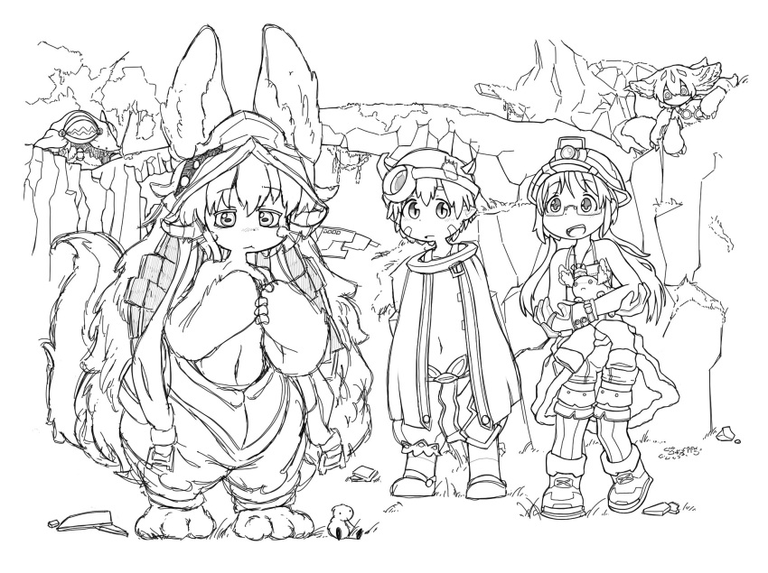 1boy 1other 3girls animal_ears bird birdweon body_fur claws cliff extra_arms fake_horns faputa furry furry_female gabuurun glasses headlamp helm helmet highres horned_helmet horns made_in_abyss mechanical_arms mining_helmet monochrome monster_girl multiple_girls multiple_horns multiple_tails nanachi_(made_in_abyss) navel puffy_pants regu_(made_in_abyss) riko_(made_in_abyss) shorts tail tree whiskers whistle whistle_around_neck