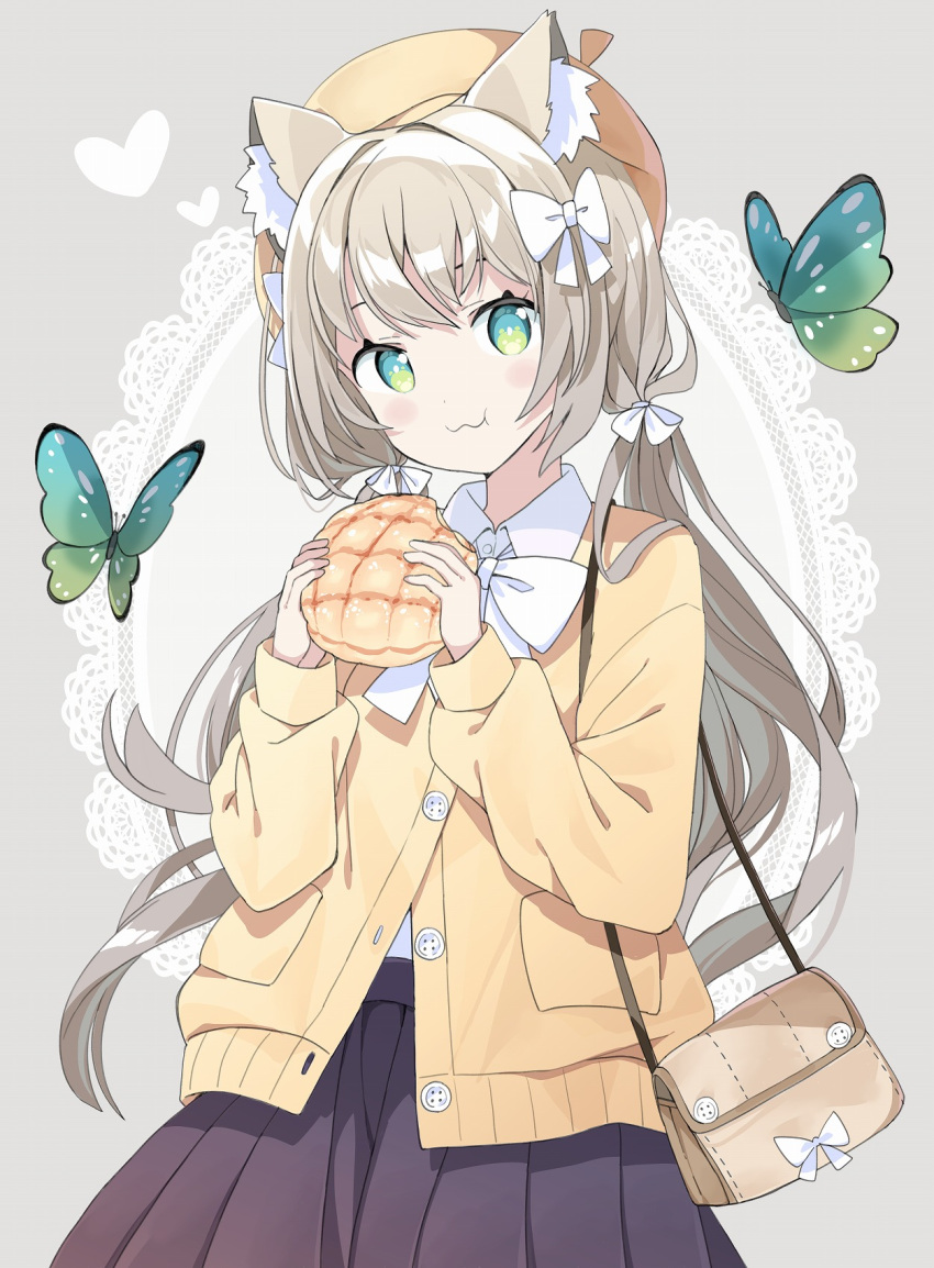 1girl :t animal animal_ear_fluff animal_ears bag beret black_skirt blush bow bread bug butterfly closed_mouth collared_shirt commentary_request doily dress_shirt food green_eyes grey_background grey_hair hair_bow handbag hat heart highres holding holding_food jacket long_hair long_sleeves looking_at_viewer low_twintails melon_bread original pleated_skirt puffy_long_sleeves puffy_sleeves shirt shoulder_bag simple_background skirt solo tantan_men_(dragon) twintails very_long_hair wavy_mouth white_bow white_shirt yellow_headwear yellow_jacket