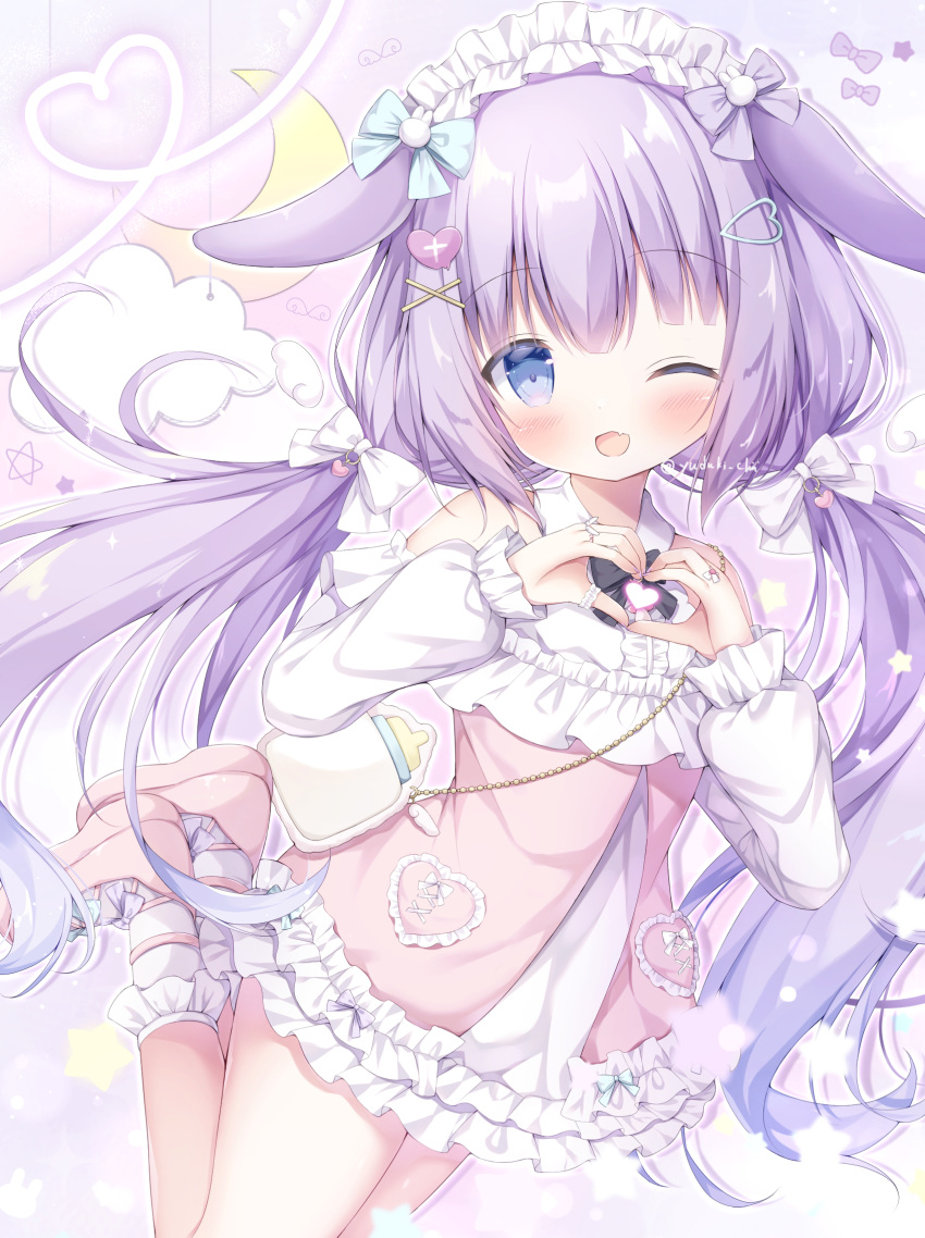 1girl ;d animal_ears blue_eyes bow commission fang full_body hair_bow highres legs_up loli low_twintails one_eye_closed petite purple_hair rabbit_ears skeb_commission skin_fang smile twintails virtual_youtuber yuduki_pdx yume_kawaii