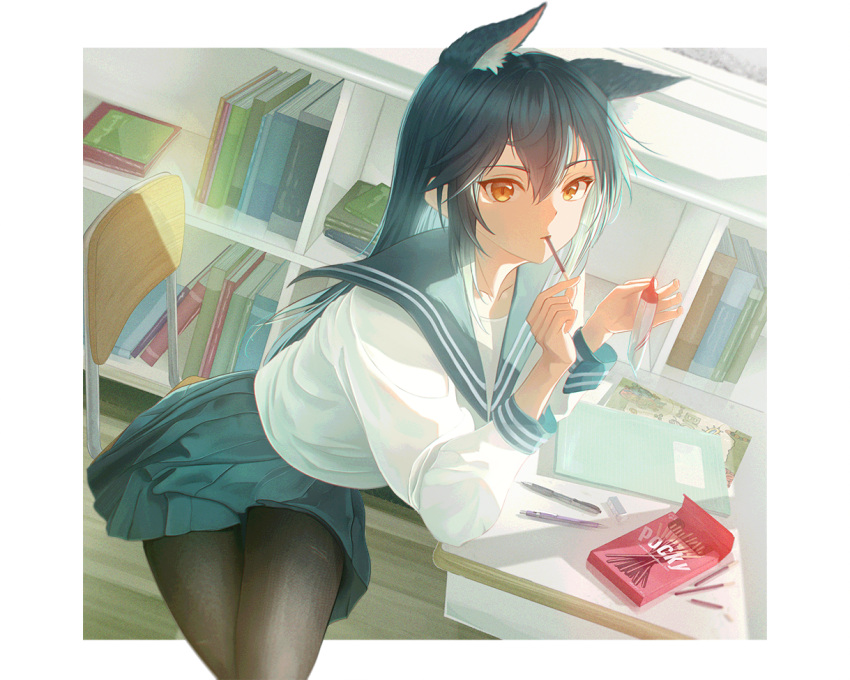 1girl alternate_costume animal_ear_fluff animal_ears arknights arm_support black_hair black_pantyhose blouse blue_sailor_collar blue_skirt book bookshelf border chair chromatic_aberration collarbone commentary cowboy_shot crossed_legs day desk dutch_angle english_commentary eraser expressionless extra_ears eyelashes floor food food_in_mouth from_above from_side hair_between_eyes hands_up holding holding_food holding_pocky indoors leaning leaning_on_object lit_for_20 long_hair long_sleeves looking_at_viewer looking_to_the_side looking_up miniskirt notebook on_chair outside_border pantyhose parted_lips pen pleated_skirt pocky pocky_in_mouth puffy_long_sleeves puffy_sleeves sailor_collar school school_chair school_desk school_uniform serafuku shade shadow shirt sitting skirt sleeve_cuffs solo straight_hair sunlight swept_bangs texas_(arknights) thighs very_long_hair white_border white_shirt wolf_ears wolf_girl wooden_floor yellow_eyes