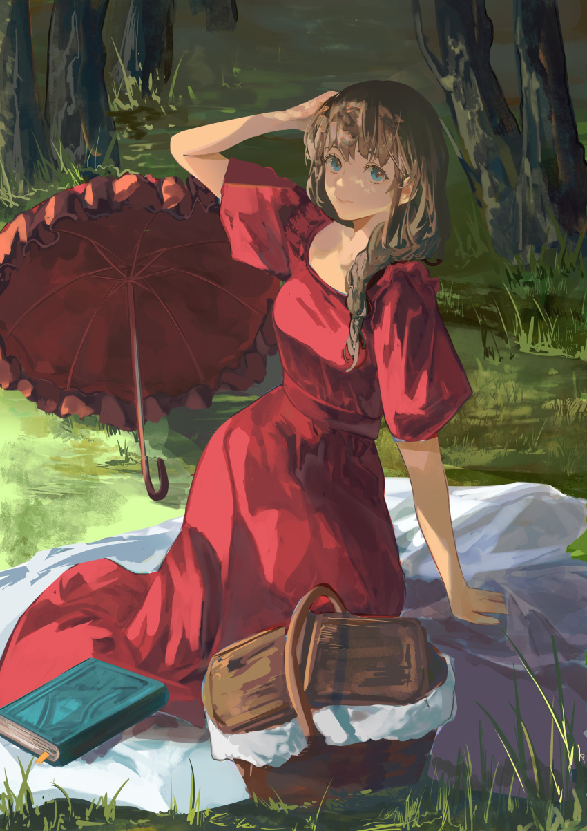 1girl absurdres blue_eyes braid brown_hair dress forest grass highres jenmin12 looking_at_viewer nature original picnic picnic_basket picnic_blanket red_dress red_umbrella solo tree umbrella