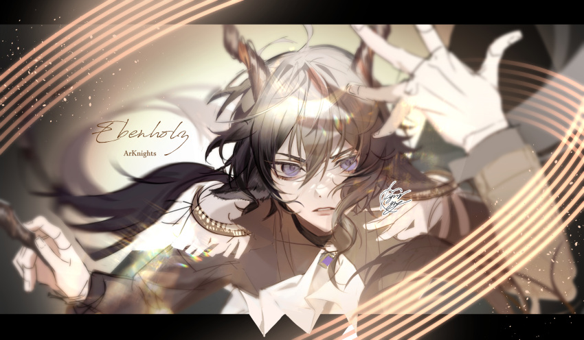 1boy animal_ears arknights ascot baton_(conducting) black_hair blurry character_name conductor copyright_name depth_of_field ebenholz_(arknights) epaulettes goat_boy goat_ears goat_horns hair_between_eyes hand_up highres horns letterboxed long_hair looking_at_viewer male_focus parted_lips ponytail signature solo suit upper_body violet_eyes wago white_ascot