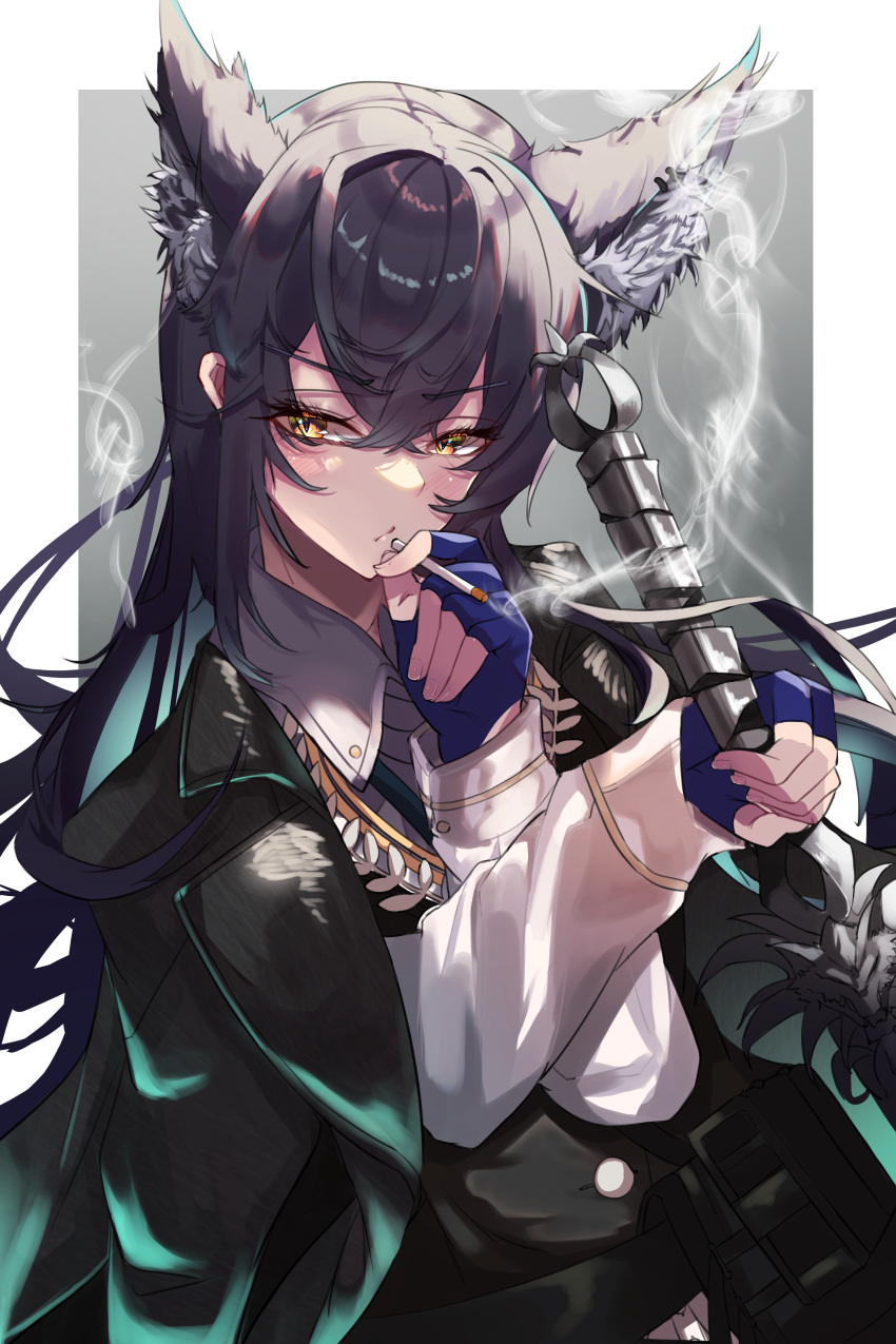1girl 80illu absurdres animal_ear_fluff animal_ear_piercing animal_ears arknights averting_eyes belt belt_pouch black_belt black_hair black_jacket black_vest blue_gloves blue_hair blush border buttons cigarette closed_mouth collared_shirt colored_inner_hair commentary_request contrapposto crossed_bangs dress_shirt embarrassed extra_ears eyelashes facing_viewer fingerless_gloves fingernails floating_hair gloves gradient_background grey_background hair_between_eyes hands_up high_collar highres holding holding_cigarette holding_sword holding_weapon jacket jacket_on_shoulders lapels long_hair long_sleeves looking_afar looking_to_the_side multicolored_hair notched_lapels official_alternate_costume open_clothes open_jacket piercing pouch shadow shirt sidelocks smoke smoke_trail smoking solo standing straight_hair sword texas_(arknights) texas_the_omertosa_(arknights) two-tone_hair upper_body v-shaped_eyebrows vest weapon white_border white_shirt wing_collar wolf_ears wolf_girl yellow_eyes