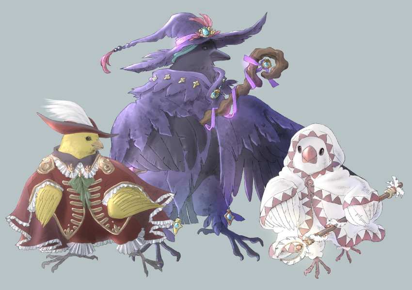 animal animal_focus beak bird black_mage clothed_animal crow final_fantasy finch grey_background hat hat_feather highres holding holding_staff hood hood_up piyoco purple_headwear red_headwear red_mage robe simple_background staff tricorne white_mage white_robe witch_hat