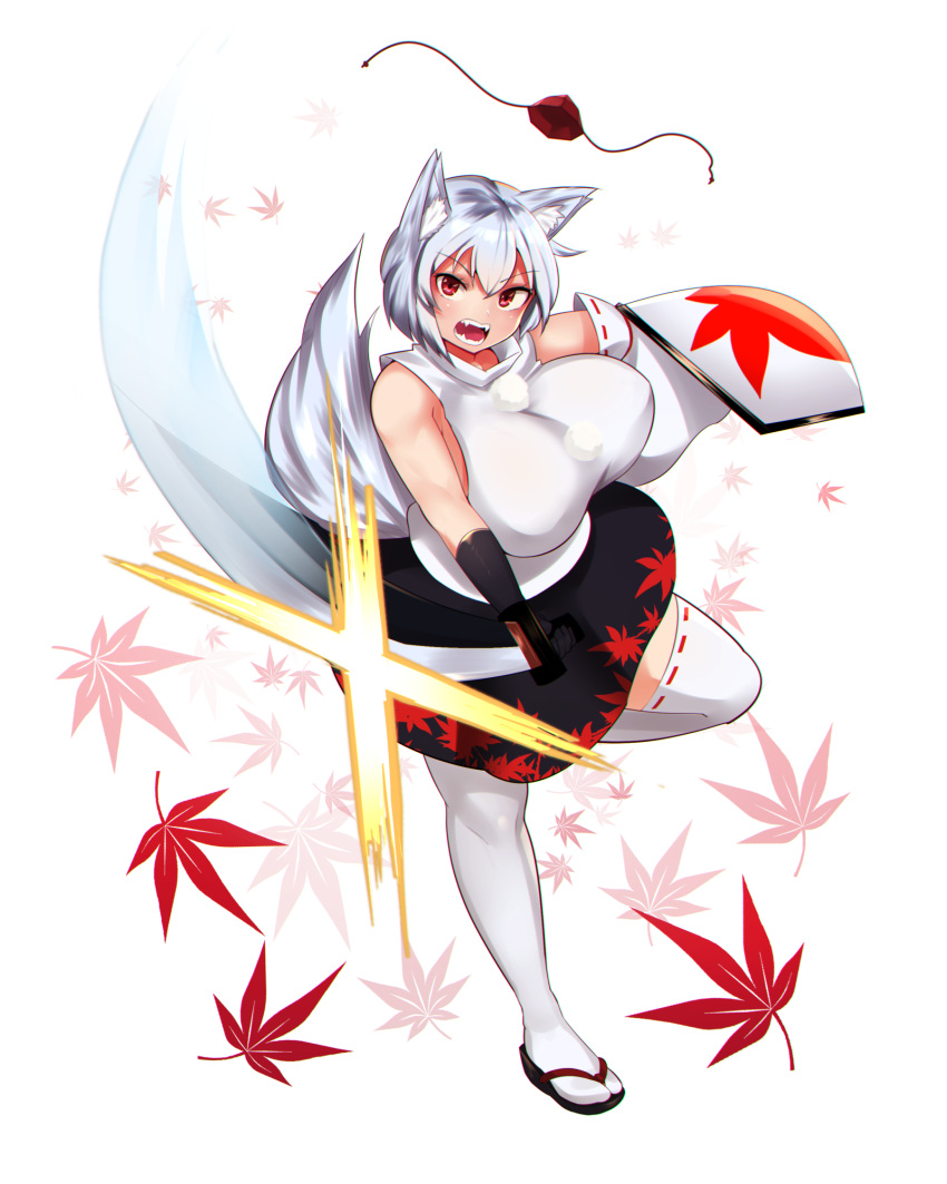 1girl animal_ears bare_shoulders bouncing breasts detached_sleeves fangs gleam hat highres huge_breasts inubashiri_momiji large_breasts leaf looking_at_viewer maple_leaf oozon_(ozon) pom_pom_(clothes) red_eyes sandals shield single_bare_arm slashing solo sword tabi tail thigh-highs tokin_hat toned touhou unworn_hat unworn_headwear weapon white_background white_thighhighs wolf_ears wolf_tail