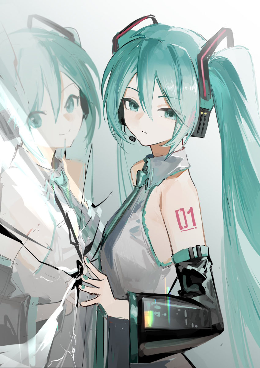 1girl aqua_eyes aqua_hair aqua_nails broken_mirror crack detached_sleeves different_reflection dual_persona empty_eyes expressionless grey_shirt hatsune_miku headphones highres jiu_ye_sang long_hair looking_at_viewer mirror nail_polish necktie parted_lips reflection shirt shoulder_tattoo sleeveless smile solo tattoo twintails vocaloid white_background