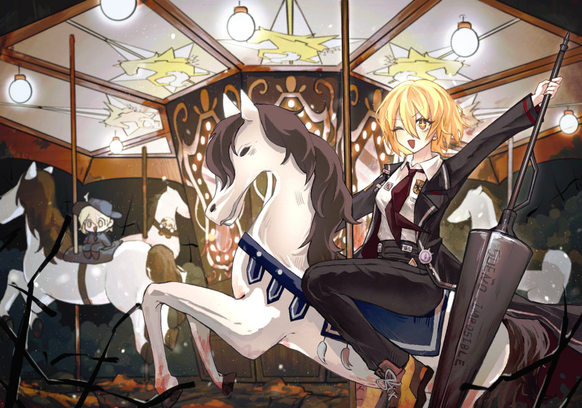 035nnn 2girls arm_up black_coat black_pants blonde_hair carousel chibi chibi_inset coat collared_shirt don_quixote_(project_moon) highres holding holding_weapon lance limbus_company looking_at_viewer multiple_girls necktie one_eye_closed open_mouth pants polearm project_moon red_necktie shirt short_hair smile weapon white_shirt yellow_eyes