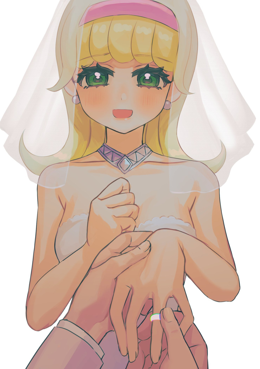 1girl bare_shoulders blonde_hair bridal_veil dress earrings goha_yuuna green_eyes hairband hand_grab highres jewelry long_hair looking_at_viewer necklace open_mouth out_of_frame pink_hairband ring simple_background veil wedding_dress wedding_ring white_background yu-gi-oh! yu-gi-oh!_go_rush!! yuzutaroman