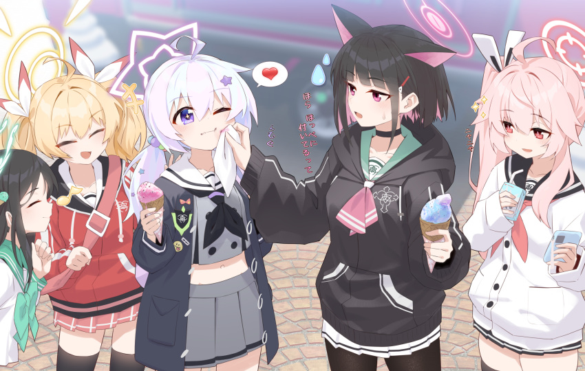 5girls after-school_sweets_club_(blue_archive) ahoge airi_(blue_archive) animal_ears black_choker black_hair black_jacket black_pantyhose black_sailor_collar black_thighhighs blonde_hair blue_archive blush cardigan cat_ears cellphone choker closed_eyes colored_inner_hair commentary_request drink drinking_straw food green_halo green_sailor_collar grey_serafuku grey_skirt hair_between_eyes hair_ornament halo heart highres holding holding_drink holding_food holding_phone hood hooded_jacket ice_cream jacket kazusa_(blue_archive) long_hair long_sleeves milk_carton multicolored_hair multiple_girls n4gare_b0shi natsu_(blue_archive) neckerchief one_eye_closed open_clothes open_jacket open_mouth pantyhose phone pink_hair pink_halo pink_skirt pleated_skirt purple_hair red_eyes red_jacket red_neckerchief reisa_(blue_archive) sailor_collar school_uniform serafuku short_hair side_ponytail skirt smartphone smile spoken_heart star_(symbol) star_hair_ornament sweatdrop thigh-highs translation_request twintails violet_eyes white_cardigan white_sailor_collar yellow_halo yoshimi_(blue_archive)