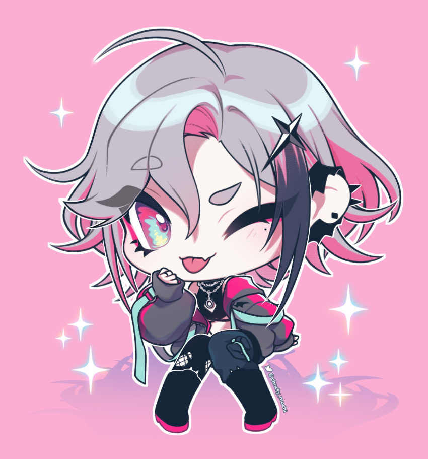 1boy :p ahoge arm_support boots chibi earrings fang full_body grey_hair hand_on_own_face highres invisible_chair jacket jewelry knees_together_feet_apart medium_hair meiru_(chocky_mochi) mole mole_under_eye multicolored_eyes one_eye_closed open_clothes open_jacket original otoko_no_ko pigeon-toed pink_background simple_background single_earring sitting skin_fang sparkle tongue tongue_out