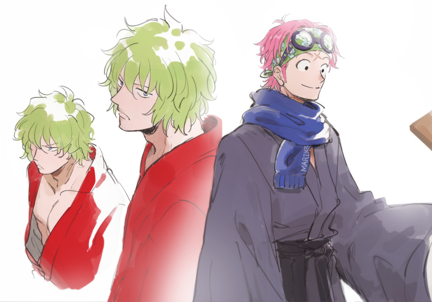 2boys blush eyewear_on_head green_hair japanese_clothes kimono koby_(one_piece) looking_to_the_side male_focus mocchi_(mkz) multiple_boys one_piece pink_hair prince_grus smile wavy_hair