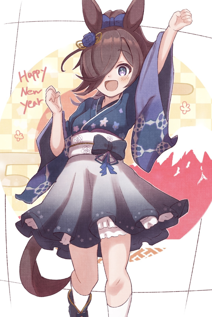 1girl :d animal_ears arm_up black_bow black_footwear blue_bow blue_flower blue_kimono blush boots bow breasts brown_hair checkered_background commentary_request egasumi flower grey_skirt hair_bow hair_flower hair_ornament hair_over_one_eye happy_new_year high_ponytail highres horse_ears horse_girl horse_tail japanese_clothes kimono kneehighs long_hair long_sleeves looking_at_viewer obi pleated_skirt ponytail rice_shower_(umamusume) sash skirt small_breasts smile socks solo sunanuko_(ramuneko) tail umamusume violet_eyes white_socks wide_sleeves