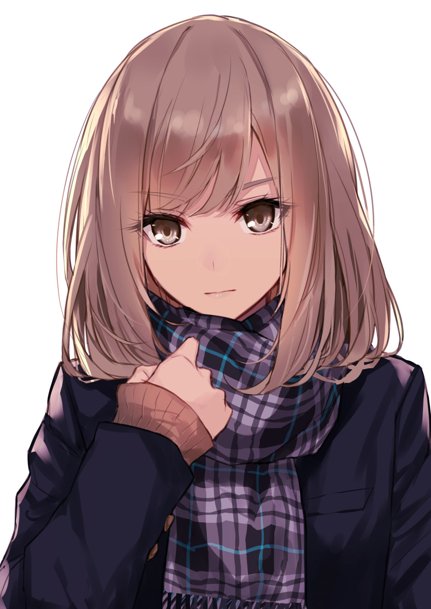 1girl absurdres aosaki_yukina black_jacket blazer brown_eyes brown_hair brown_sweater checkered_clothes checkered_scarf clenched_hand closed_mouth crossed_bangs hair_over_shoulder hand_on_own_chest head_tilt highres jacket looking_at_viewer medium_hair original purple_scarf scarf school_uniform simple_background solo sweater swept_bangs v-shaped_eyebrows white_background