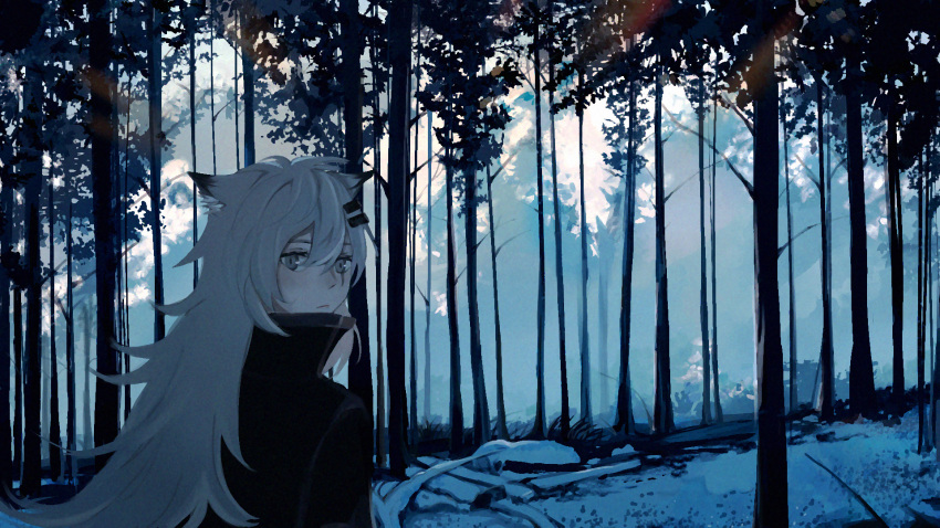 1girl animal_ears arknights black_jacket crimiko forest from_behind grey_eyes hair_ornament hairclip highres jacket lappland_(arknights) long_hair looking_at_viewer looking_back nature scenery snow solo tree upper_body white_hair wolf_ears wolf_girl