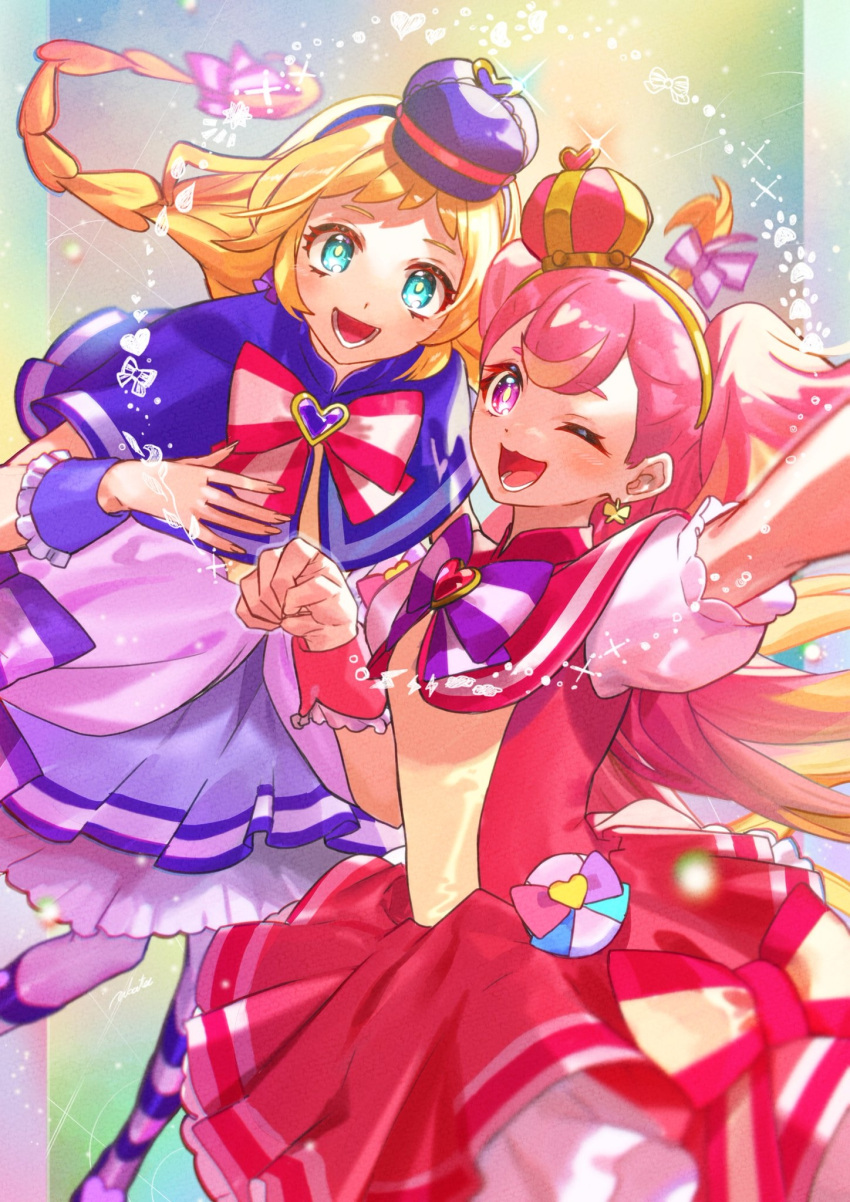 2girls :d ;d aqua_hair arm_up blonde_hair blush bow braid bright_pupils brooch capelet crown cure_friendy cure_wonderful dot_nose dress earrings fingernails hairband heart heart_brooch highres inukai_iroha inukai_komugi jewelry long_hair looking_at_viewer magical_girl mini_crown multicolored_background multicolored_hair multiple_girls n-bata one_eye_closed open_mouth pantyhose paw_pose paw_print petticoat pink_bow pink_capelet pink_dress pink_hair pouch precure puffy_sleeves purple_bow purple_capelet purple_dress purple_hairband purple_pantyhose short_dress smile streaked_hair striped striped_bow twin_braids two-tone_hair two_side_up violet_eyes wonderful_precure! wrist_cuffs yellow_hairband