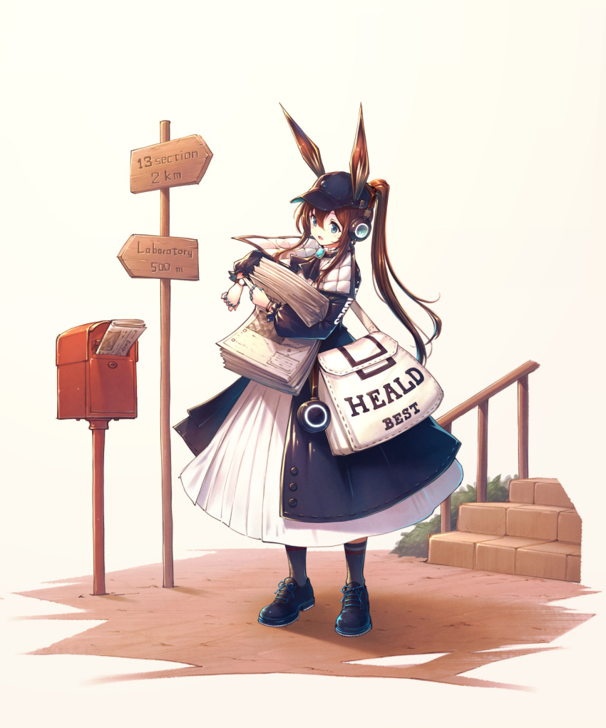 1girl amiya_(arknights) amiya_(newsgirl)_(arknights) animal_ears arknights bag black_footwear black_socks blue_coat blue_eyes brown_hair clothes_writing coat dress faux_figurine gogatsu_no_renkyuu hair_between_eyes highres holding holding_newspaper jewelry mailbox_(incoming_mail) multiple_rings newspaper official_alternate_costume open_clothes open_coat open_mouth ponytail rabbit_ears rabbit_girl ring shoes shoulder_bag signpost socks solo stairs watch watch white_bag white_dress