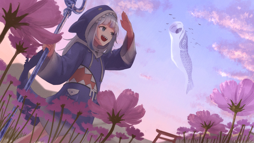 1girl animal_costume animal_hood arimoto_wataru blue_eyes blue_hair blue_hoodie clouds cloudy_sky english_commentary fins fish_tail flower gawr_gura gawr_gura_(1st_costume) highres holding_trident hololive hololive_english hood hoodie kite looking_to_the_side multicolored_hair open_mouth outdoors polearm shark_costume shark_girl shark_hood shark_print shark_tail sharp_teeth sky smile solo streaked_hair tail teeth torii trident virtual_youtuber weapon