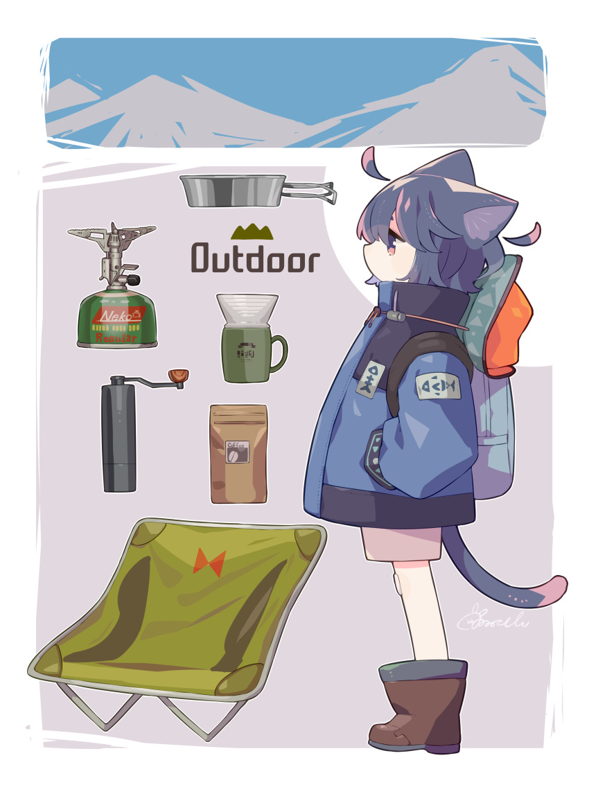 absurdres ahoge animal_ears backpack bag blue_coat boots border cat_ears cat_tail chair coat coffee_grinder detached_ahoge folding_chair from_side full_body hands_in_pockets highres hiking mountain no_mouth original outside_border portable_stove profile purple_hair shorts sorata123 standing tail violet_eyes white_border