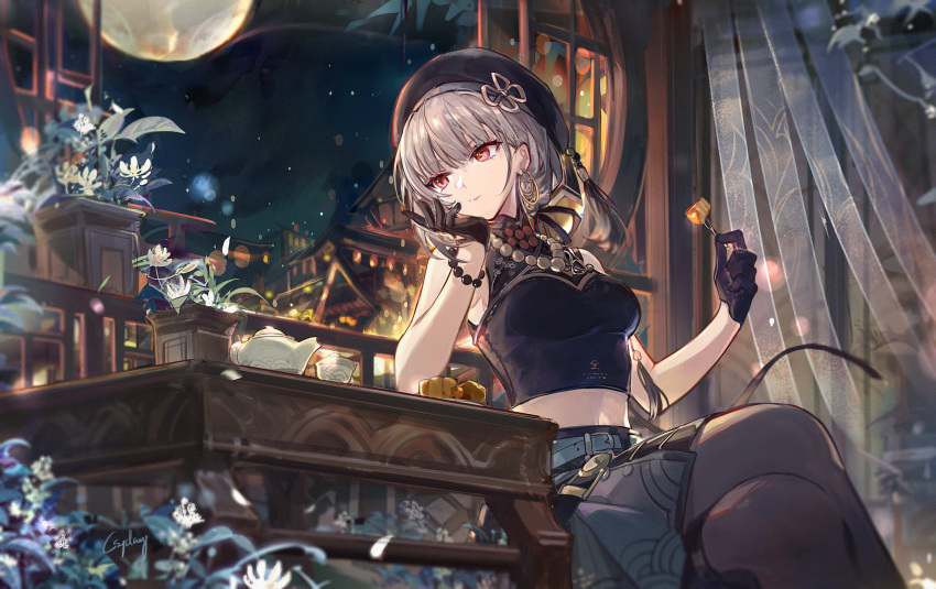 1girl bare_shoulders crossed_legs csyday highres long_hair night red_eyes sitting skirt smile solo thighs white_hair wuthering_waves