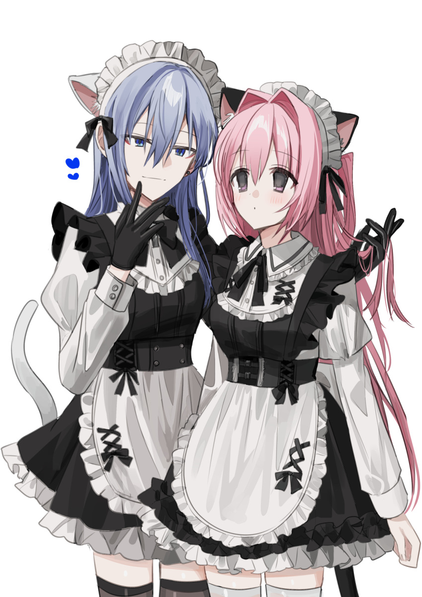 2girls alternate_costume animal_ear_fluff animal_ears apron black_dress blue_eyes brown_thighhighs cat_ears cat_girl cat_tail chihuri closed_mouth collared_shirt dress dress_shirt ende_(chihuri) enmaided frilled_apron frills grey_hair hair_between_eyes hair_intakes hand_in_another's_hair heart highres juliet_sleeves long_hair long_sleeves maid maid_headdress multiple_girls nea_(chihuri) original pink_hair puffy_sleeves revision shirt simple_background sleeveless sleeveless_dress smile tail thigh-highs very_long_hair violet_eyes waist_apron white_apron white_background white_shirt white_thighhighs yuri