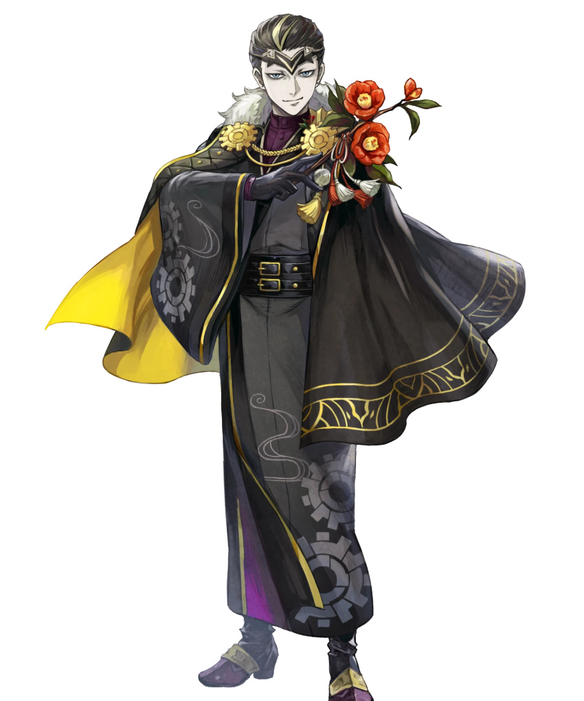 1boy black_cape black_gloves black_hair black_kimono blonde_hair blue_eyes cape crown fafnir_(fire_emblem) fafnir_(new_year)_(fire_emblem) fire_emblem fire_emblem_heroes flower fur-trimmed_kimono fur_trim gear_print gloves hair_slicked_back highres holding holding_flower japanese_clothes kimono looking_at_viewer multicolored_hair non-web_source official_alternate_costume official_art pale_skin smile solo streaked_hair tachi-e