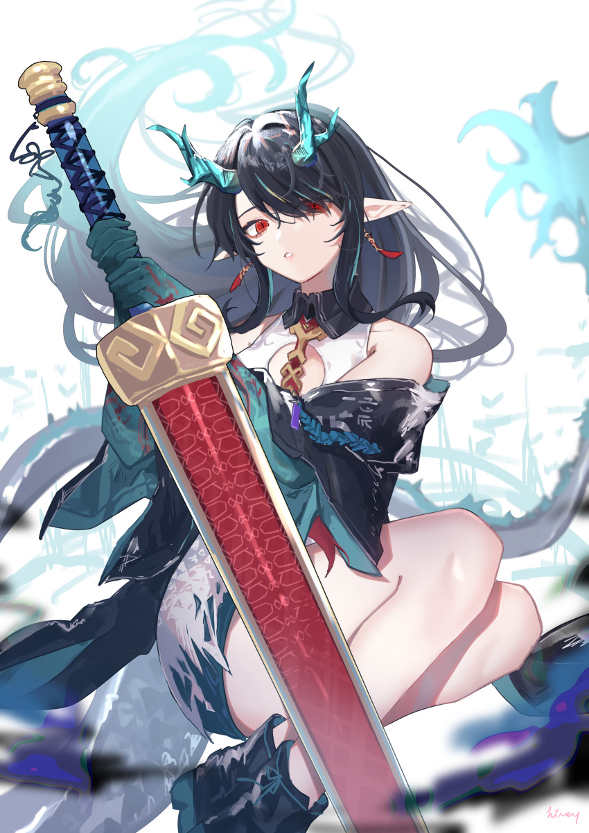 1girl absurdres arknights arm_tattoo black_footwear black_hair black_jacket boots china_dress chinese_clothes cleavage_cutout clothing_cutout colored_skin dragon_girl dragon_horns dragon_tail dress dual_wielding dusk_(arknights) flame-tipped_tail floating_hair green_skin highres himey holding holding_sword holding_weapon horns invisible_chair jacket looking_at_viewer necktie parted_lips pointy_ears red_eyes red_necktie sidelocks sitting solo sword tail tattoo thighs weapon white_dress