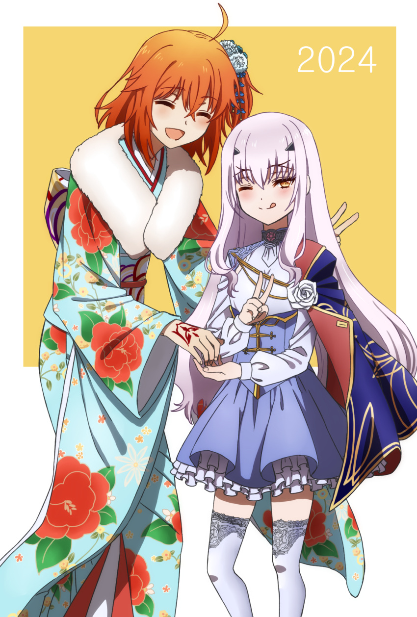 2girls ahoge aiguillette blue_cape blue_dress blue_kimono breasts cape closed_eyes dress fate/grand_order fate_(series) floral_print forked_eyebrows fujimaru_ritsuka_(female) fujimaru_ritsuka_(female)_(ceremonial_new_year) fur_collar highres japanese_clothes kimono long_hair long_sleeves looking_at_viewer melusine_(fate) melusine_(second_ascension)_(fate) multiple_girls obi oiun one_side_up open_mouth orange_eyes orange_hair sash short_hair sidelocks small_breasts smile thigh-highs white_hair white_thighhighs wide_sleeves yellow_eyes