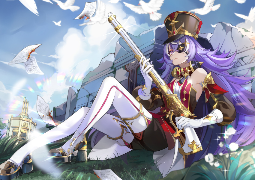 1girl absurdres ahk_dh bare_shoulders bird blue_sky chevreuse_(genshin_impact) clouds day detached_sleeves dress earmuffs earmuffs_around_neck eyepatch floating floating_object genshin_impact gun hat highres holding holding_gun holding_weapon long_hair multicolored_hair musket outdoors paper purple_hair red_dress shako_cap sitting sky solo streaked_hair two-tone_hair very_long_hair violet_eyes weapon white_hair