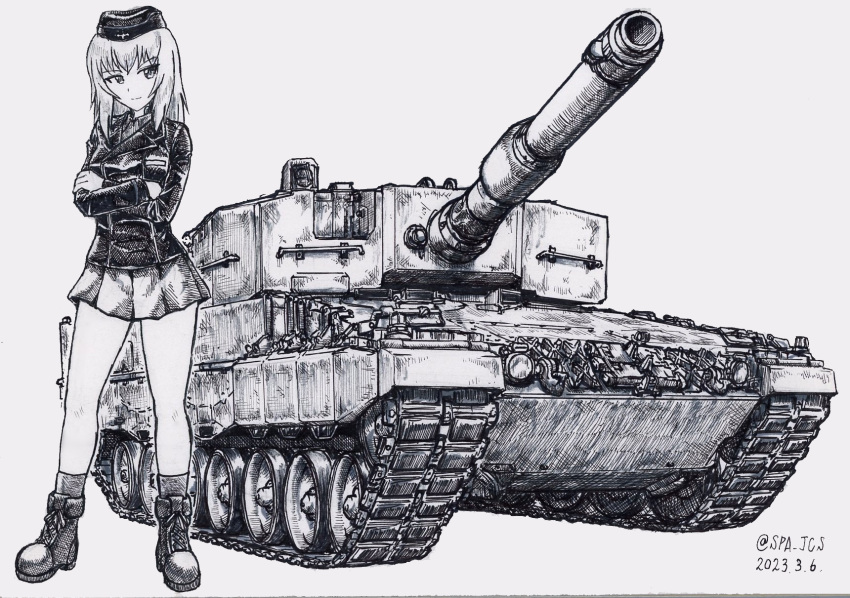1girl ankle_boots ballpoint_pen_(medium) bare_legs boots closed_mouth crossed_arms dated garrison_cap girls_und_panzer greyscale hat highres insignia itsumi_erika kuromorimine_military_uniform leopard_2 long_sleeves looking_at_viewer looking_to_the_side medium_hair military_uniform military_vehicle miniskirt monochrome motor_vehicle nspa_(spa-jcs) skirt smile solo standing tank traditional_media twitter_username uniform vehicle_focus wide_shot wing_collar