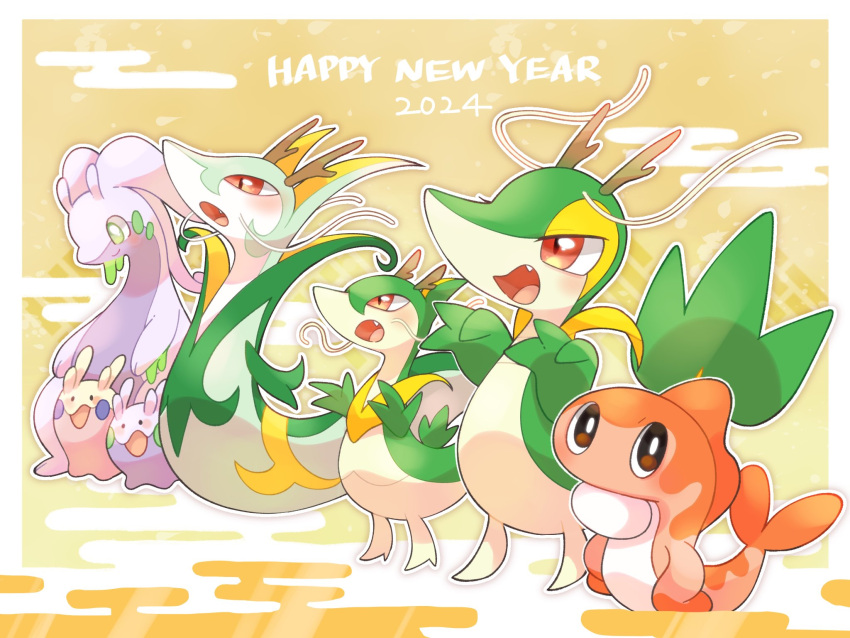 2024 alternate_color border bright_pupils brown_eyes chinese_zodiac colored_skin commentary_request em_ivy_akippoi evolutionary_line fake_horns fangs fish goodra goomy green_eyes green_skin happy_new_year highres horns open_mouth outside_border pokemon pokemon_(creature) purple_skin serperior servine shiny_pokemon slime_(substance) snake snivy solid_oval_eyes tail tatsugiri tatsugiri_(curly) white_border year_of_the_dragon yellow_background