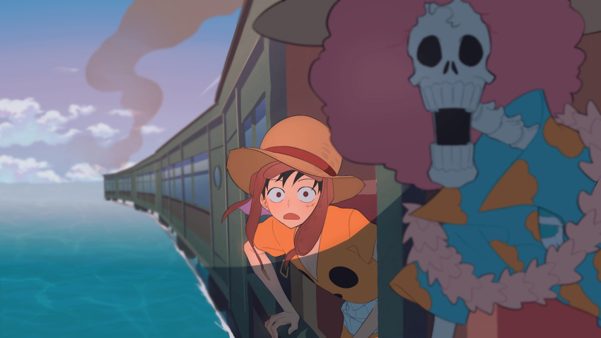 2boys alternate_hair_color alternate_hairstyle black_hair blue_shirt blurry blurry_foreground brook_(one_piece) galiguomin hat hawaiian_shirt highres looking_at_viewer male_focus monkey_d._luffy multiple_boys ocean official_alternate_costume one_piece one_piece_film:_z open_mouth orange_shirt pink_hair shade shirt short_sleeves skeleton straw_hat train