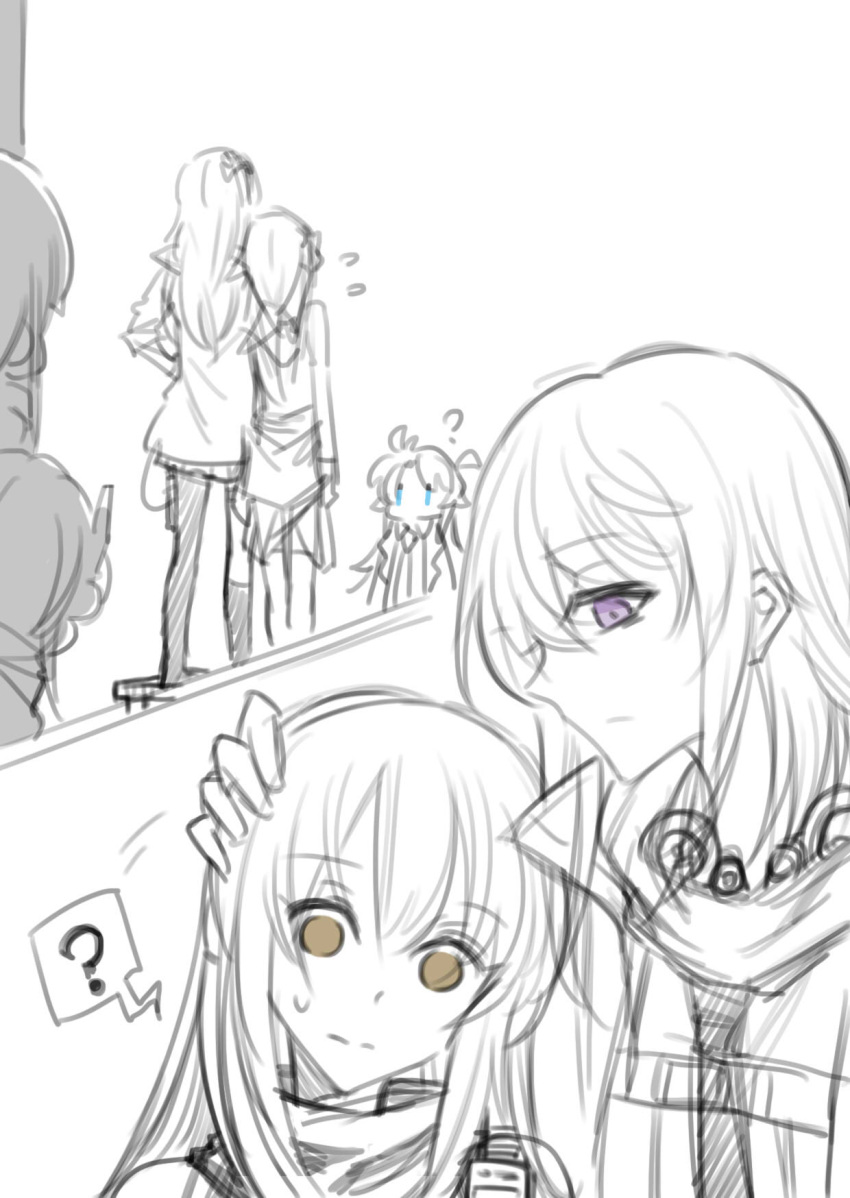 5girls ? ahoge anti-rain_(girls'_frontline) around_corner asymmetrical_legwear blue_eyes brown_eyes chinese_commentary closed_mouth commentary_request female_commander_(girls'_frontline) flying_sweatdrops girls_frontline hair_between_eyes hair_ornament hand_on_another's_head headgear highres jacket kneehighs long_hair looking_at_another m16a1_(girls'_frontline) m4_sopmod_ii_(girls'_frontline) m4a1_(girls'_frontline) monochrome multiple_girls multiple_views necktie peeking_out side-by-side simple_background socks spoken_question_mark spot_color st_ar-15_(girls'_frontline) standing su_xiao_jei sweatdrop thigh-highs uneven_legwear violet_eyes white_background yuri |_|