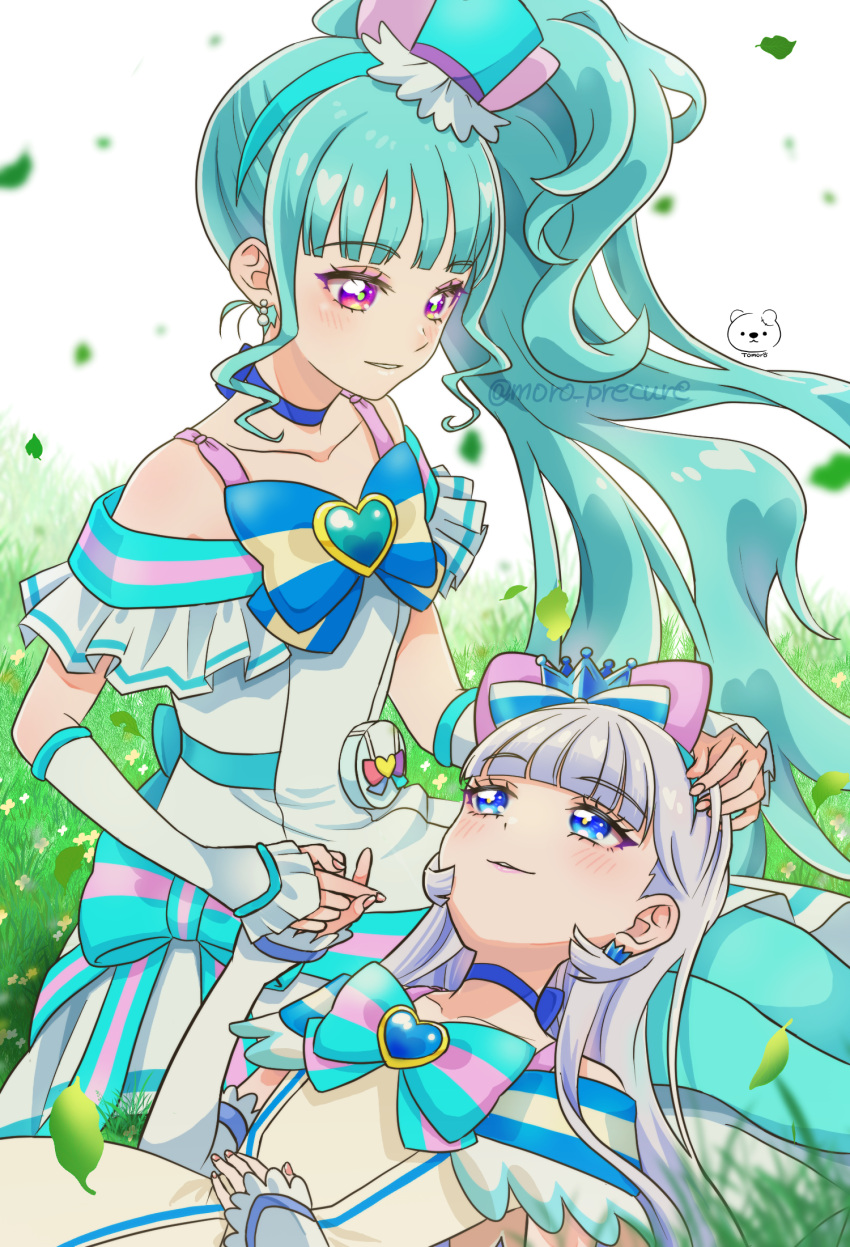 2girls aqua_hair aqua_hairband aqua_headwear aqua_pantyhose blue_bow blue_choker blue_eyes blunt_bangs bow brooch choker collarbone crown cure_lillian cure_nyammy dot_nose dress dress_bow earrings grass hair_bow hairband hand_on_another's_head hat heart heart_brooch highres holding_hands jewelry lap_pillow leaf long_hair looking_at_another magical_girl mini_crown mini_hat moro_precure multicolored_bow multiple_girls nekoyashiki_mayu nekoyashiki_yuki pantyhose parted_lips pouch precure side_ponytail sitting smile striped striped_bow twitter_username violet_eyes white_dress white_hair wonderful_precure! wrist_cuffs
