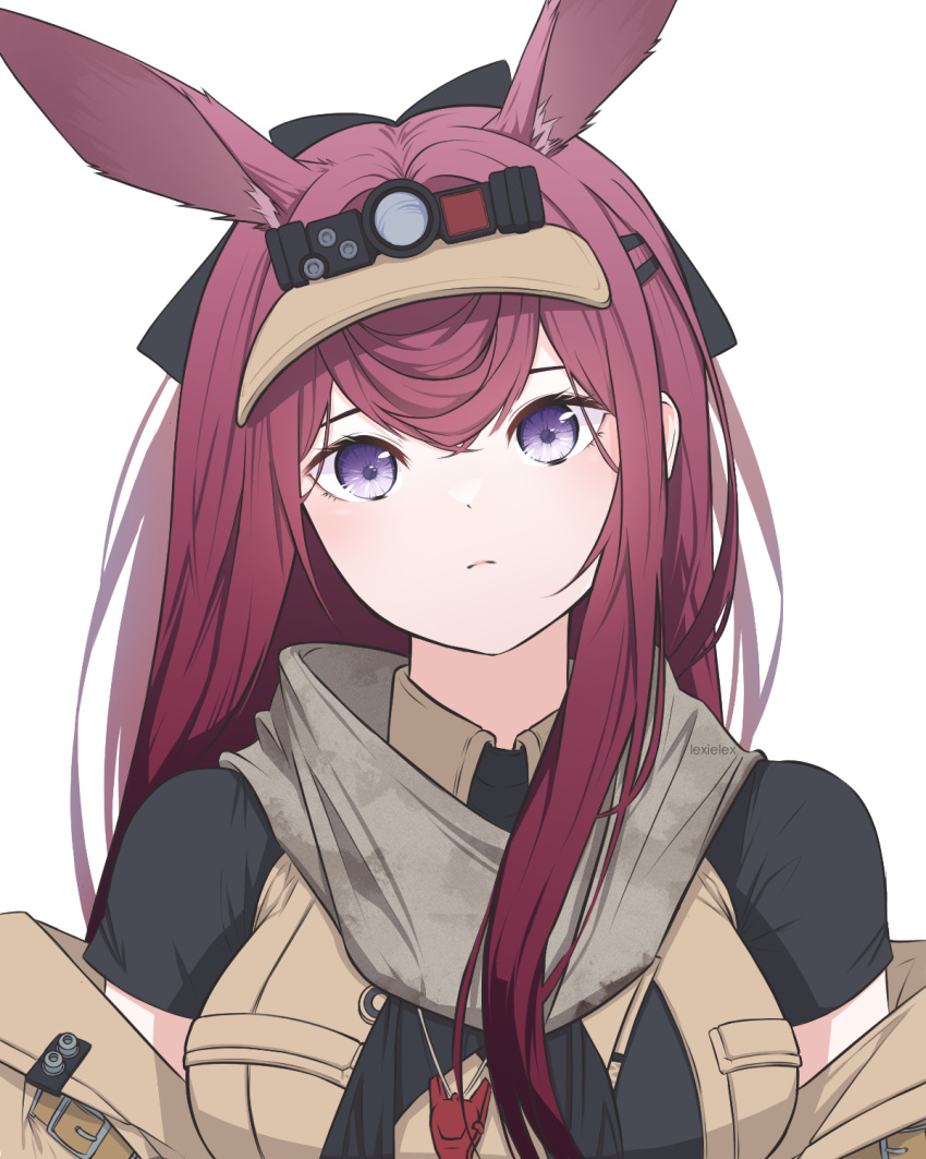 1girl animal_ears arknights black_bow black_shirt bow breasts brown_jacket brown_vest extra_ears frown hair_between_eyes hair_bow hair_ornament hairclip highres jacket lexielex long_hair looking_at_viewer medium_breasts off_shoulder pink_hair rabbit_ears rabbit_girl ray_(arknights) shirt simple_background solo vest violet_eyes white_background