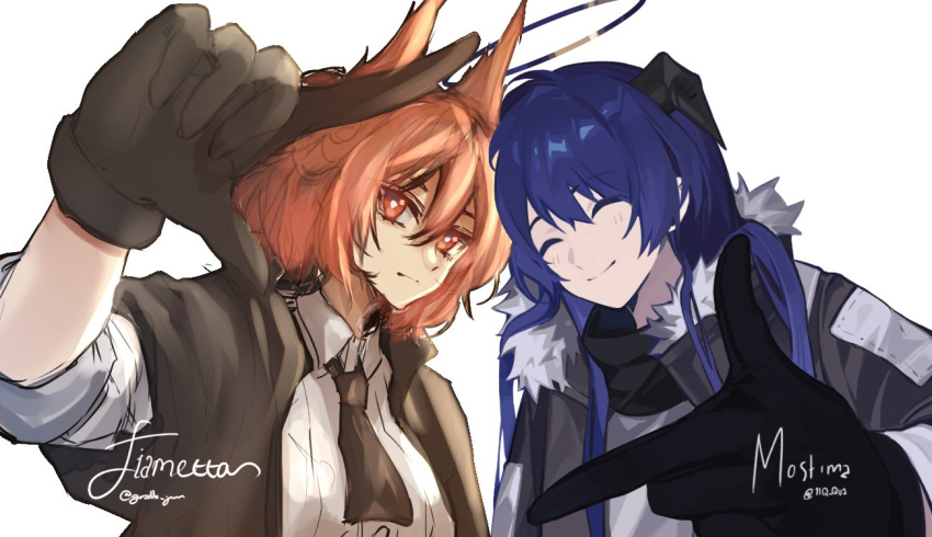 2girls ^_^ animal_ears arknights bird_ears black_halo black_jacket black_necktie black_scarf bright_pupils character_name closed_eyes collaboration collared_shirt demon_horns fiammetta_(arknights) finger_frame finger_frame_duo gazelle_jun hair_between_eyes hair_flowing_over halo hand_up horns jacket long_hair long_sleeves mostima_(arknights) multiple_girls necktie quanx70909457 red_eyes redhead scarf shirt simple_background smile twitter_username upper_body white_background white_pupils white_shirt