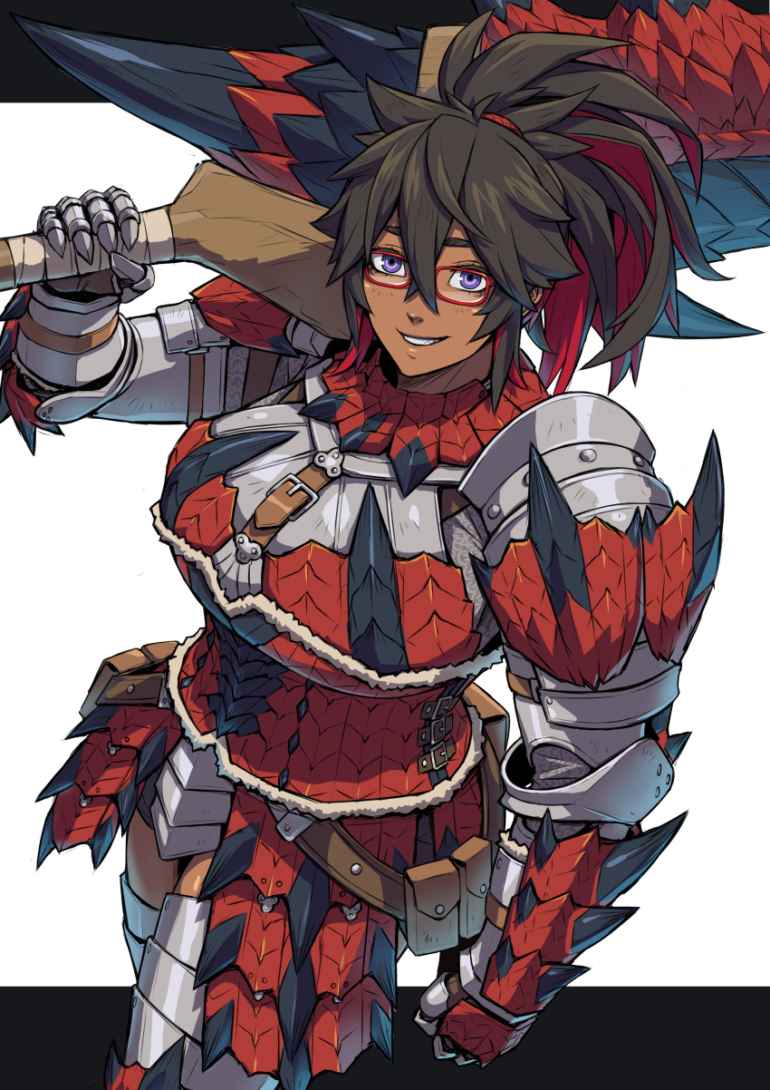 1girl absurdres armor black_hair breastplate breasts colored_inner_hair commentary cuirass english_commentary exaxuxer faulds gauntlets glasses greaves guilty_gear guilty_gear_strive highres holding holding_sword holding_weapon huge_weapon large_breasts long_hair looking_at_viewer monster_hunter_(character) monster_hunter_(series) multicolored_hair over_shoulder parody pauldrons ponytail rathalos_(armor) red-framed_eyewear redhead shoulder_armor solo spiked_arm style_parody sword two-tone_hair violet_eyes weapon weapon_over_shoulder