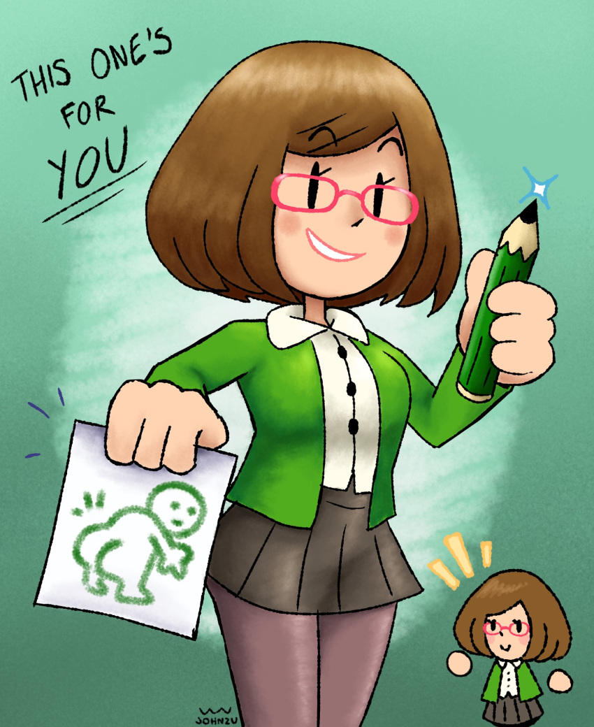 1girl arm_up ass black_skirt bob_cut breasts brown_hair buttons cardigan collared_shirt drawing_(object) glasses green_cardigan hand_up highres holding holding_pencil johnzuu long_sleeves nikki_(swapnote) nintendo pantyhose paper parted_bangs pencil red-framed_eyewear shirt short_hair simple_background skirt smile solo swapnote white_shirt